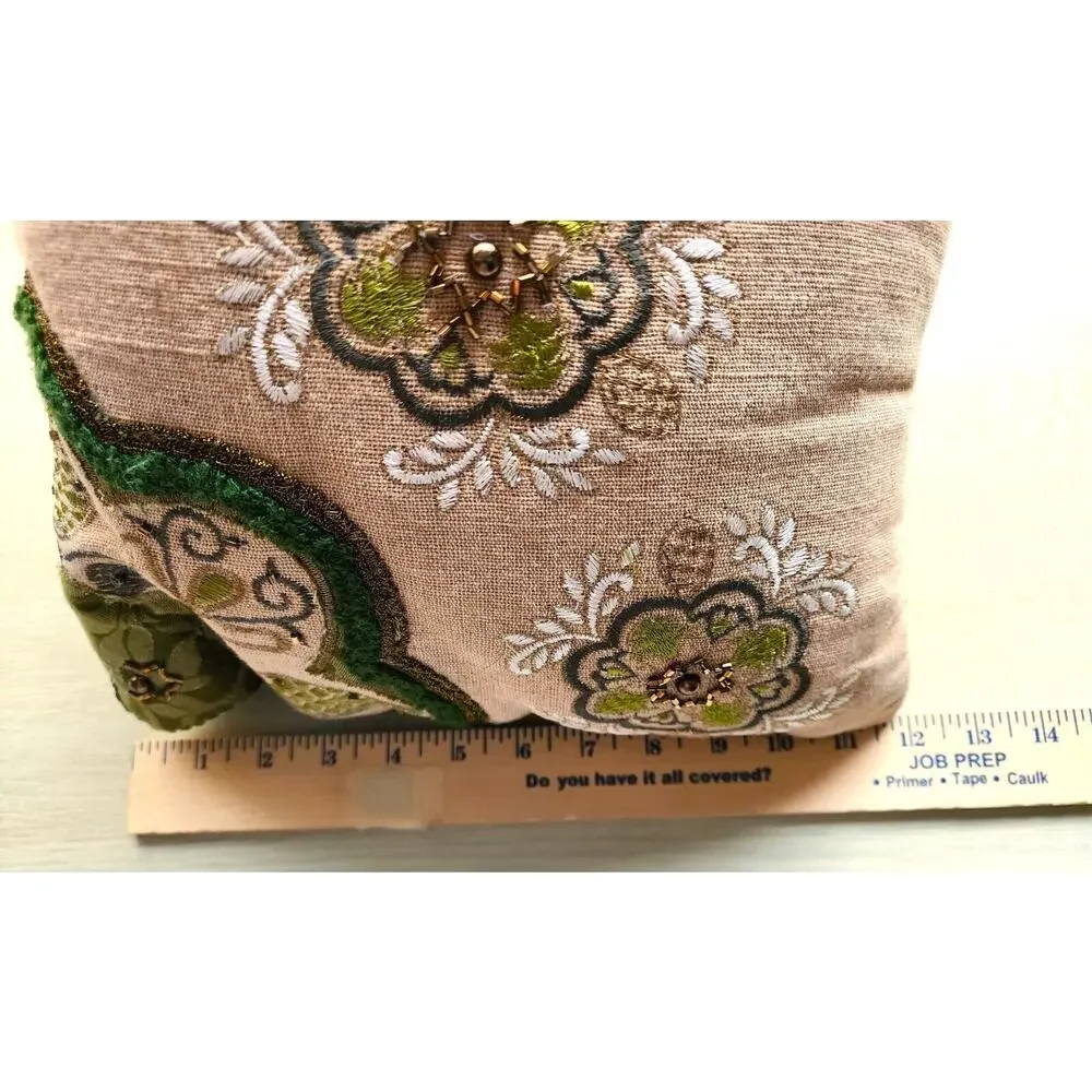 Pier 1 Beaded Embroidered Throw Pillow 16x12 Green Floral Accent Decor